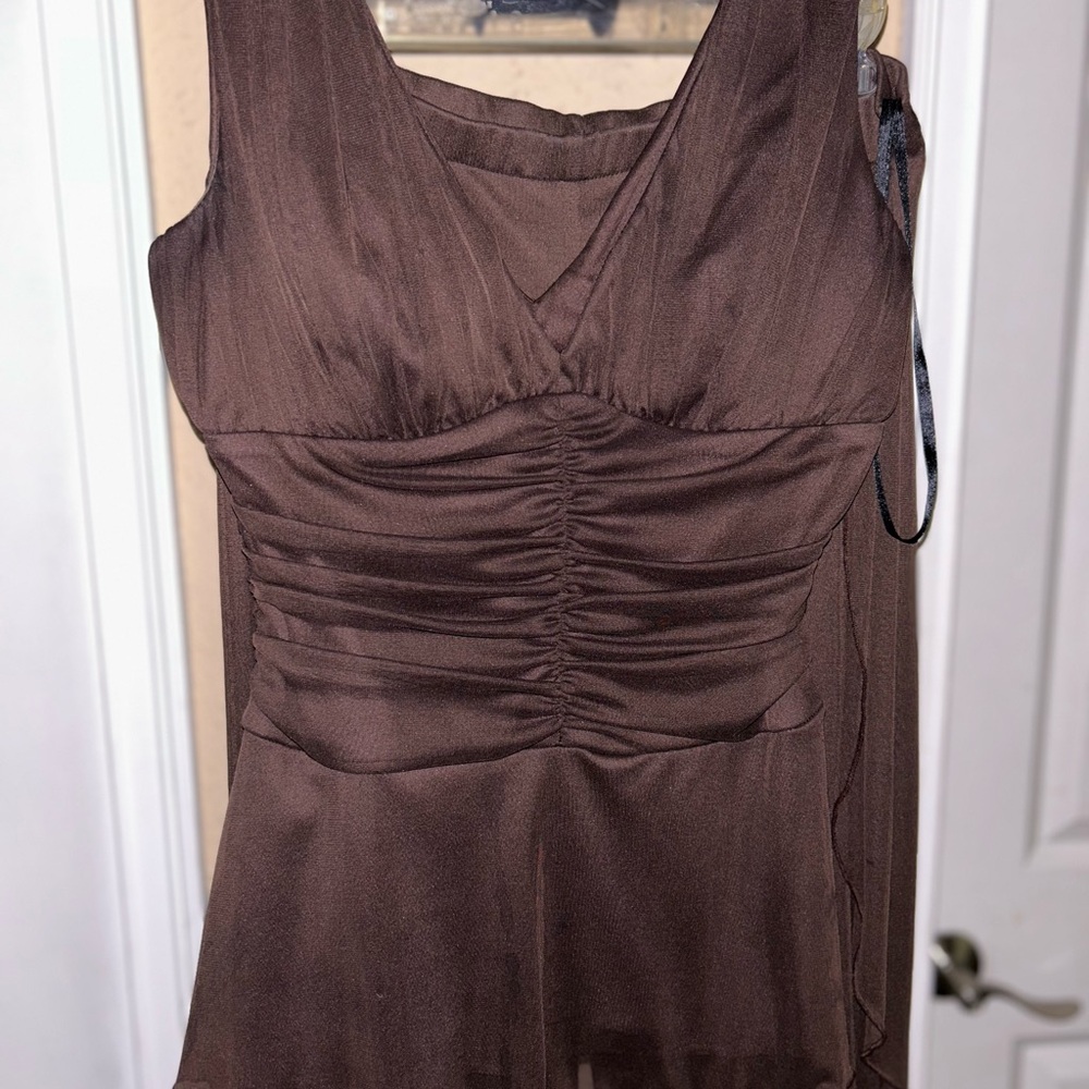 Connected Apparel Brown Ruched 2 Piece Pant Suit V-Neck Cocktail